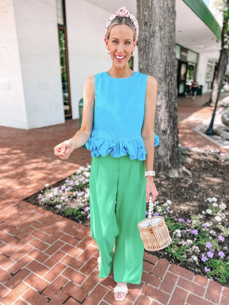 Are you a color lover like me and want some help putting outfits together? Or are you stuck in your neutral loving rut and need some bright inspiration? I have 8 bold outfit color combinations to try that will leave you a color mix master! I love this blue sleeveless blouse with my bright green pants!