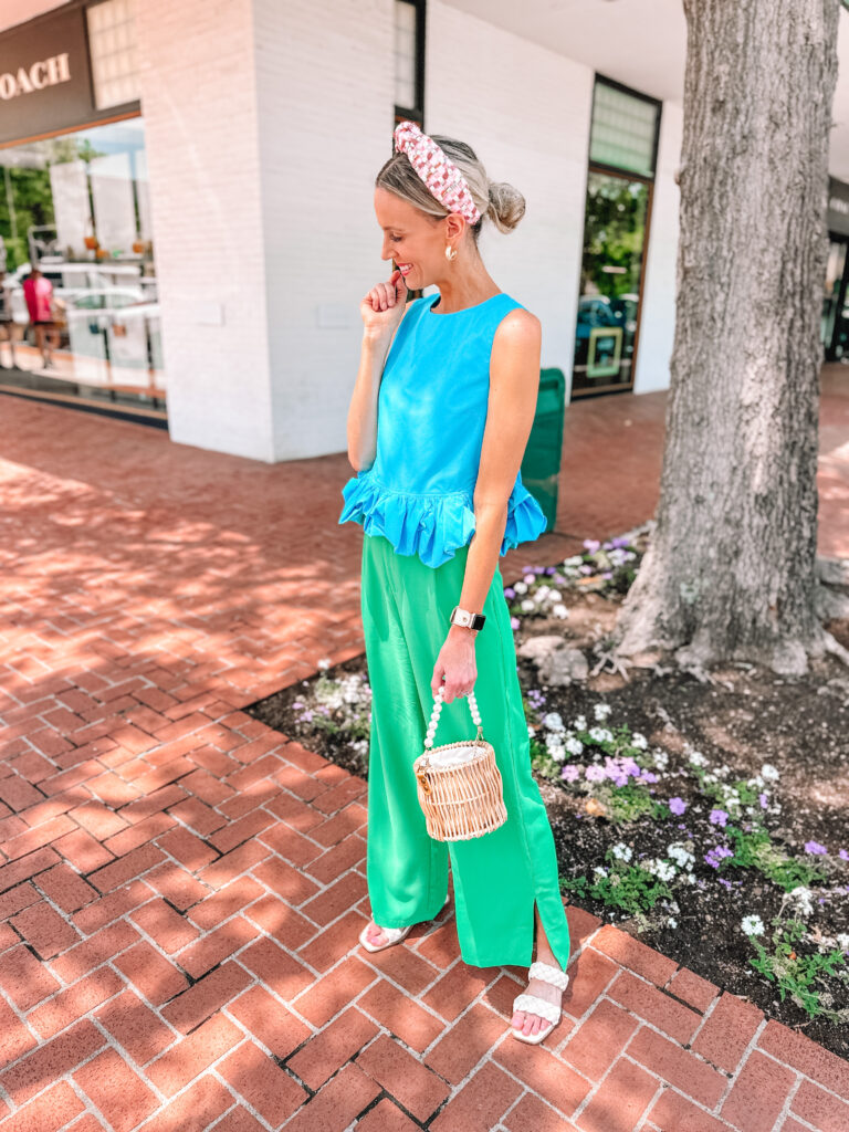 Are you a color lover like me and want some help putting outfits together? Or are you stuck in your neutral loving rut and need some bright inspiration? I have 8 bold outfit color combinations to try that will leave you a color mix master! I love this blue sleeveless blouse with my bright green pants!