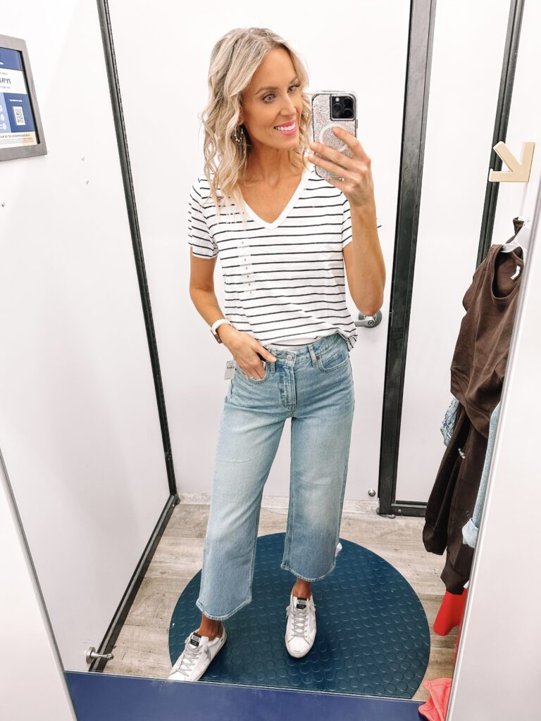 You'll love this Old Navy try on haul with pre fall pieces! I'm sharing 12 outfits with athleisure, casual, dresses, work looks, and more! Great outfits are made of great basics like this striped t-shirt and jeans. 
