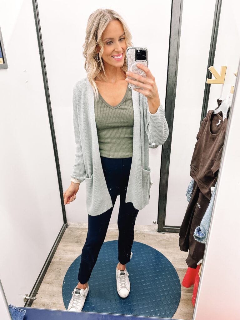 Teacher or work outfit idea! Slim work pants, ribbed tank, and ling grey cardigan