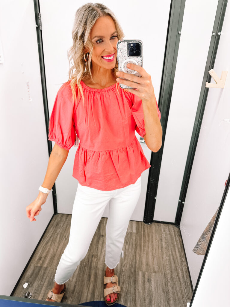 I am LOVING this coral peplum top with my white jeans. 