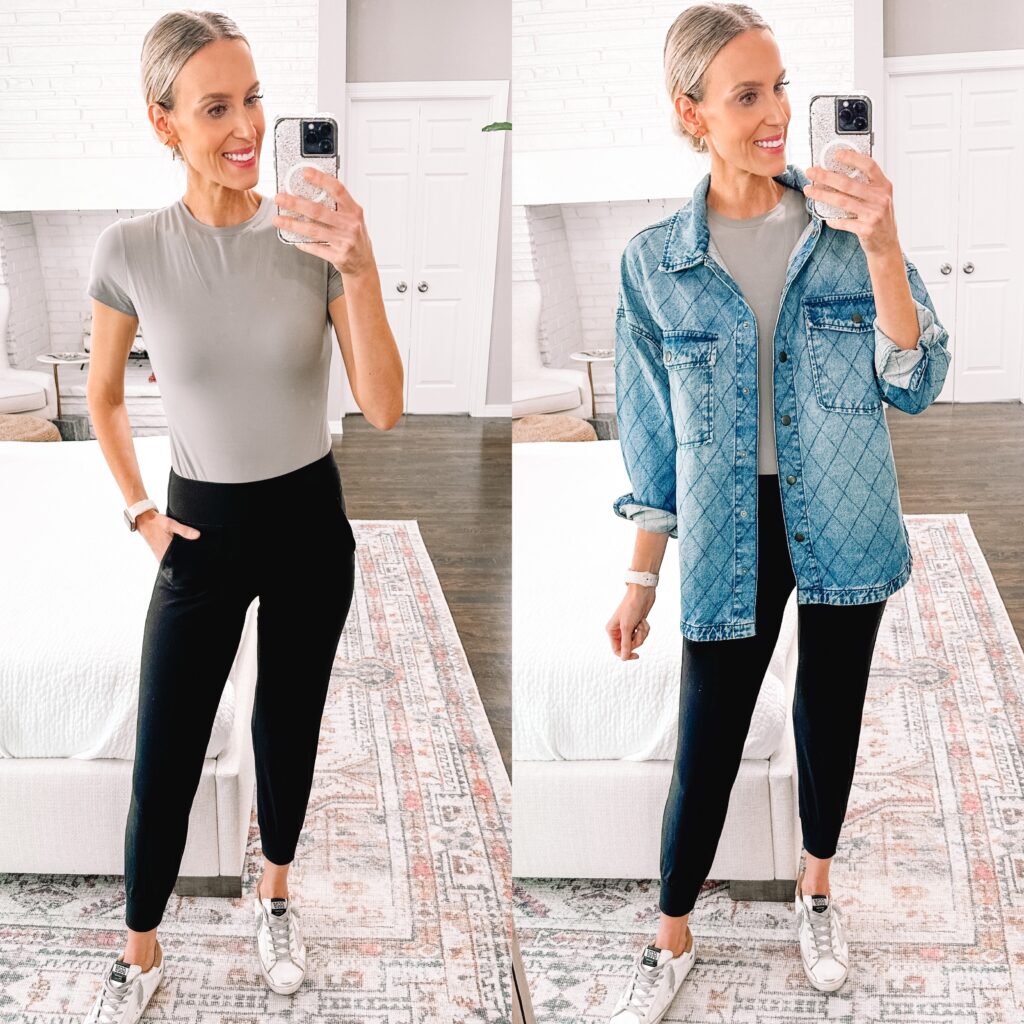 Have you been wanting to try Skims but not sure if it is worth the money? Well today I have a great Skims look for less bodysuit on Amazon for you! The best part? They come in a top, tank top, short sleeve, and long sleeve version all available in multiple colorways and multiple necklines. Style your short sleeve grey bodysuit with joggers and a denim shacket for a easy athleisure outfit/ 