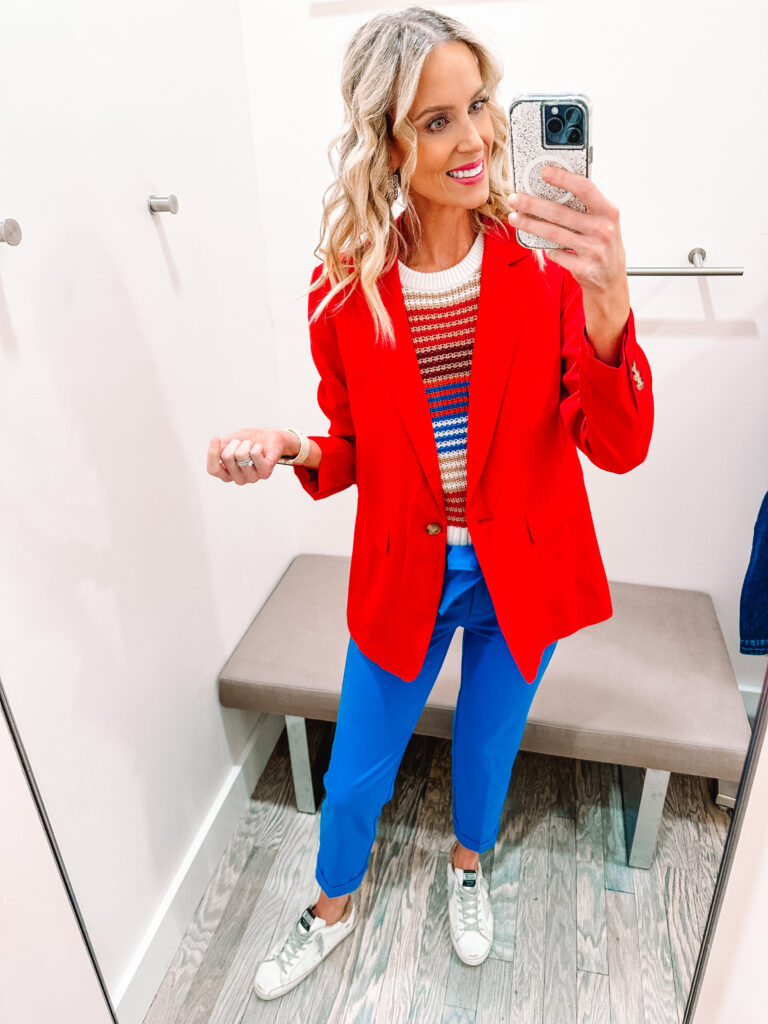 You guys I have a HUGE LOFT try on haul for you. I am talking HUGE. 13 fall outfits styled for you with business casual outfit ideas, fall family photo dresses, work to weekend looks, and more! You will love these blue work pants with the striped sweater tank and red blazer. 