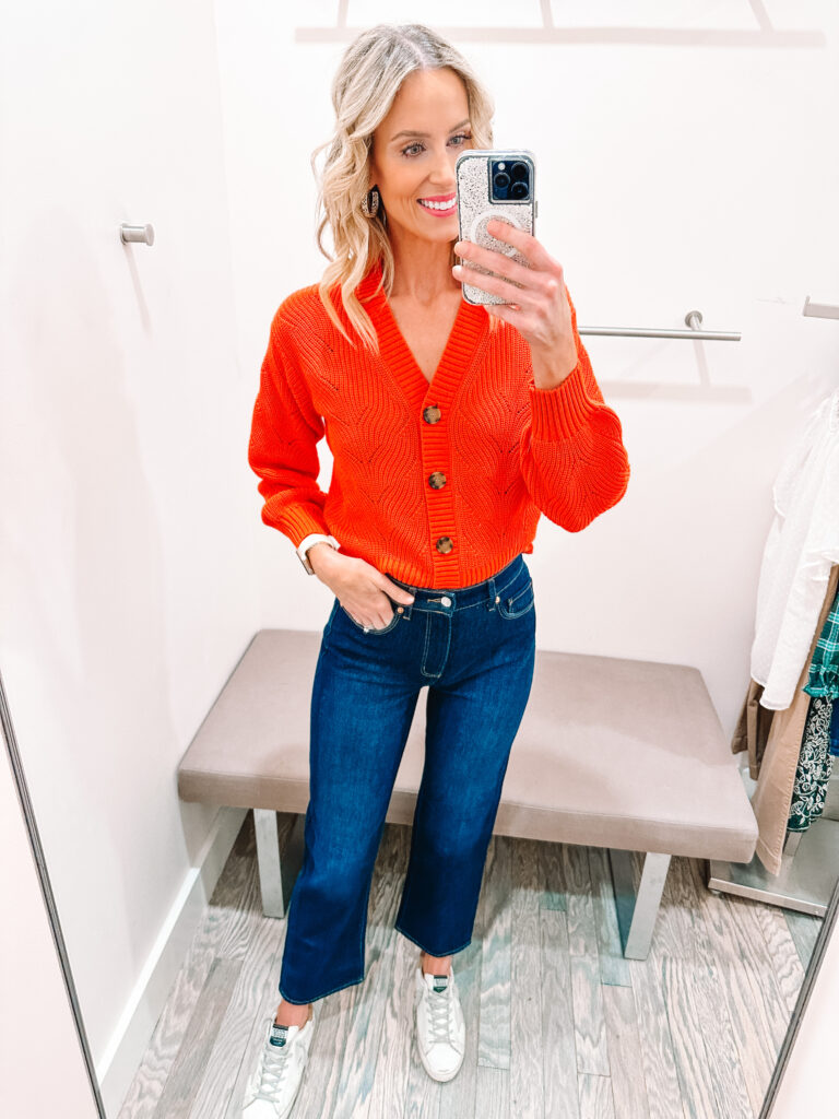 You guys I have a HUGE LOFT try on haul for you. I am talking HUGE. 13 fall outfits styled for you with business casual outfit ideas, fall family photo dresses, work to weekend looks, and more! These straight leg jeans are so flattering paired with this button front cardigan.