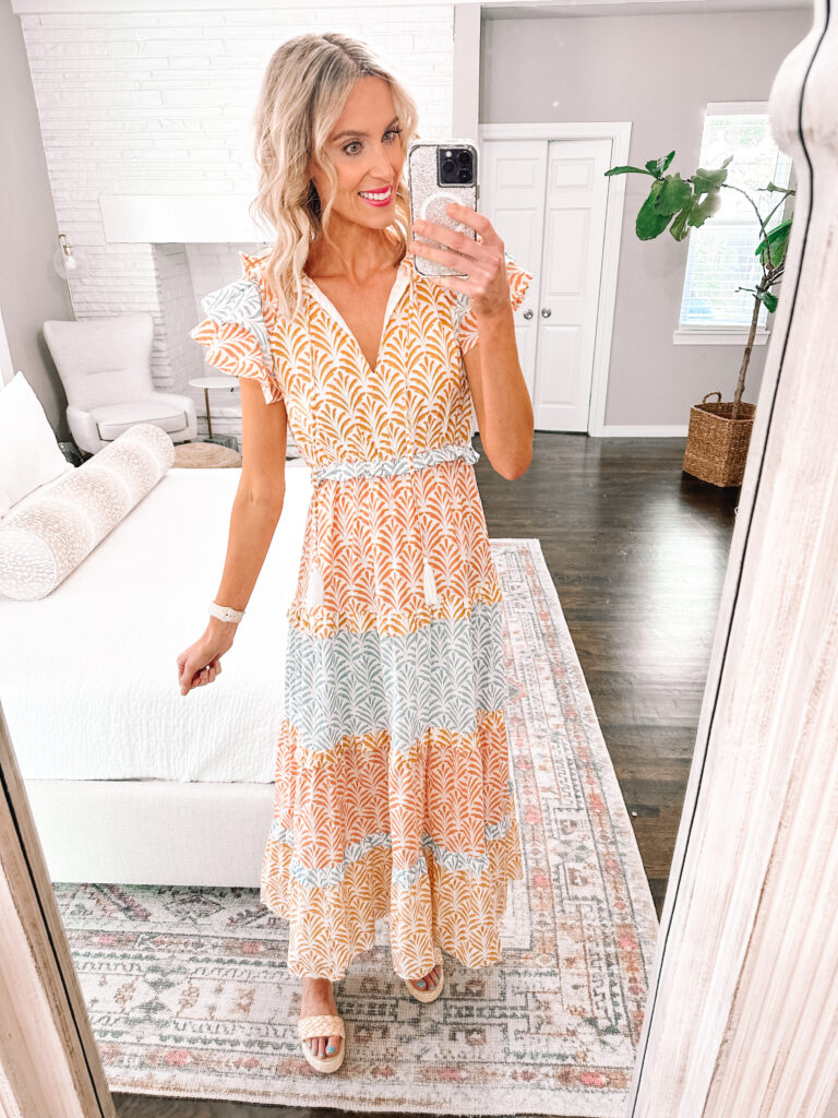 This gorgeous printed maxi dress is part of a fun Red Dress try on haul you will love!