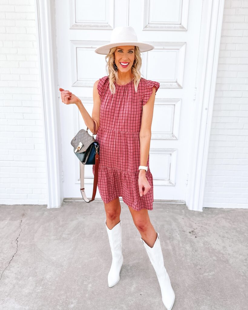 Style this cute short red plaid dress with a pair of tall western style boots for the perfect early fall outfit!