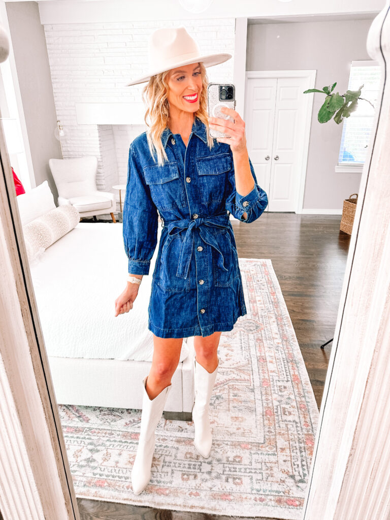 Y'all I have an amazing and HUGE Walmart fall try on haul for you. These pieces are GOOD! Everything is mix and match, work to weekend and really good quality for the price. How gorgeous is this denim dress?! It is so good with these western style boots. 