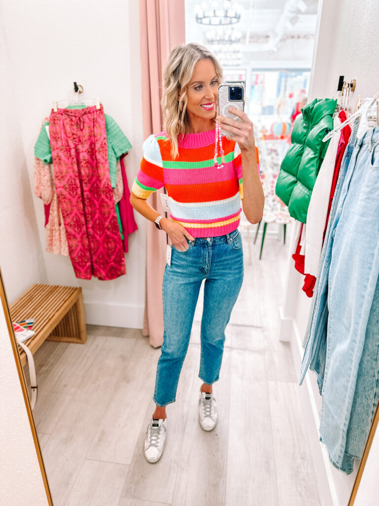 I'm sharing a really fun Mac Collection try on haul with a discount code! I love this bright striped short sleeve sweater and jeans. 