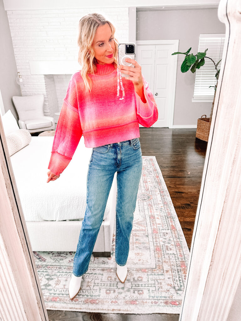 Wondering how to wear full length straight leg jeans? I've got you covered today with 5 easy ways to wear them from casual to dressy to workwear. Add your favorite sweater and boots for a dressy casual outfit. 