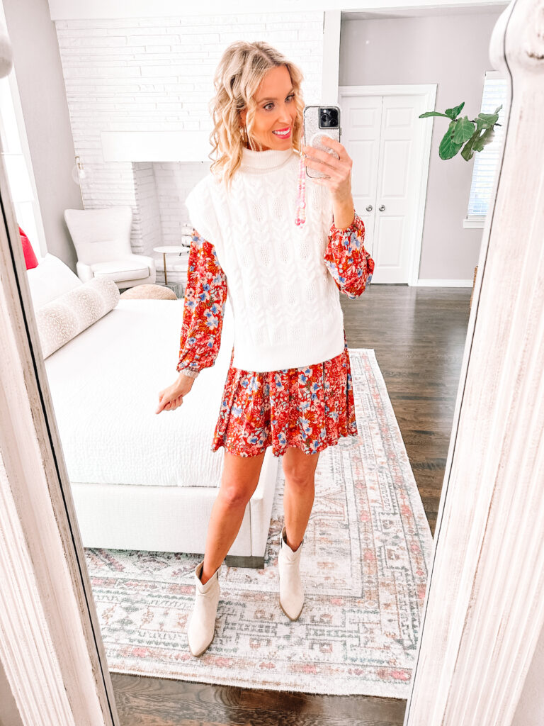 You'll love this huge Walmart fall try on haul with nine total outfits made up of mix and match pieces all $38 and under including shoes!! I love how versatile this $20 dress is. Wear it alone or add a fun layer like this sweater vest. 