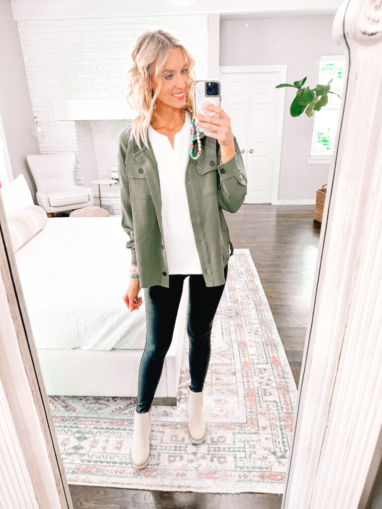 You'll love this huge Walmart fall try on haul with nine total outfits made up of mix and match pieces all $38 and under including shoes!! You will love this soft shacket and faux leather legging combo.