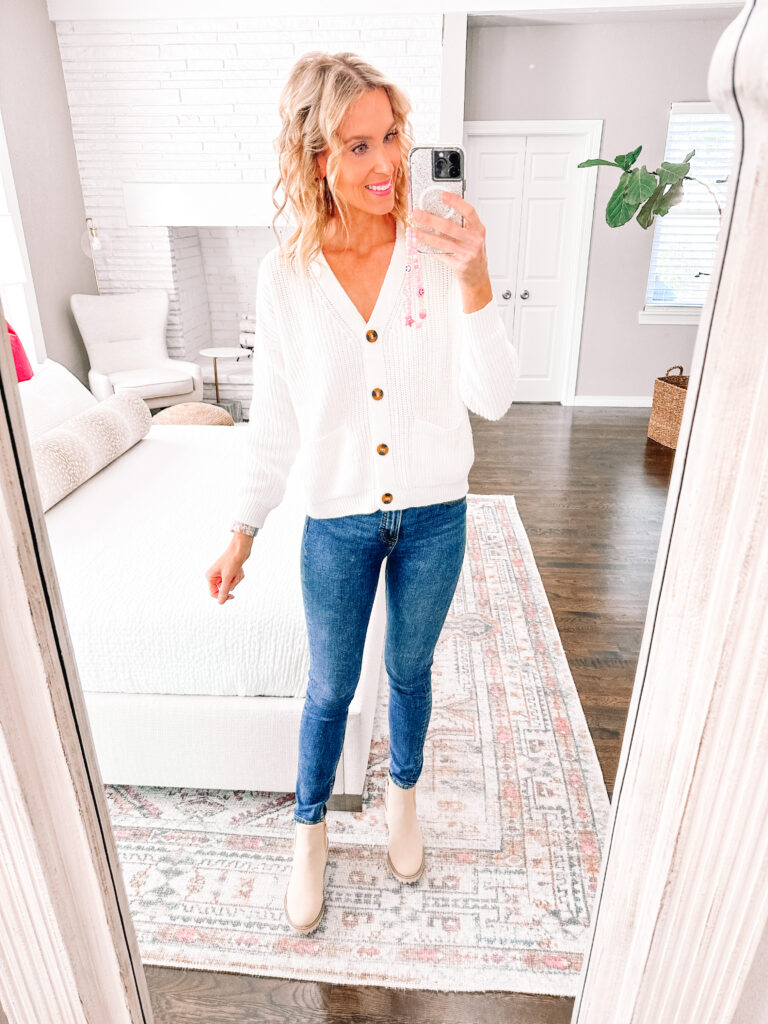 You'll love this huge Walmart fall try on haul with nine total outfits made up of mix and match pieces all $38 and under including shoes!! I am loving this button front cardigan. 