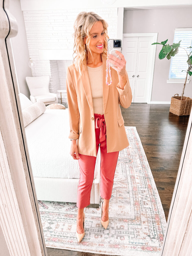 All five of these affordable fall work outfit ideas are are primarily from Amazon and Walmart with pieces mostly $35 and under! My all time favorite Amazon work pants and tan blazer. 