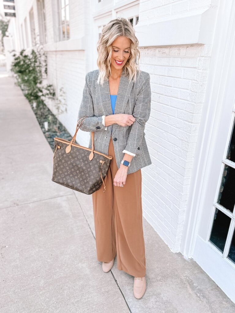 All five of these affordable fall work outfit ideas are are primarily from Amazon and Walmart with pieces mostly $35 and under! I love these wide leg pants with this plaid blazer. 