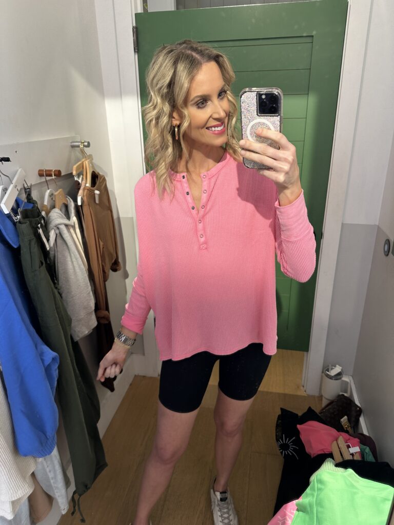 I love this pink snap style henley shirt. 