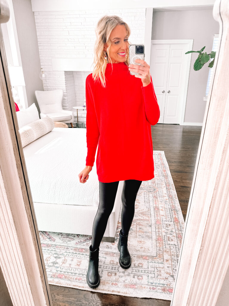 Who doesn't love a legging friendly sweater?! Rounding up my favorite Amazon tunic length sweaters today since it is finally feeling like fall! This red is a Free People look for less. 
