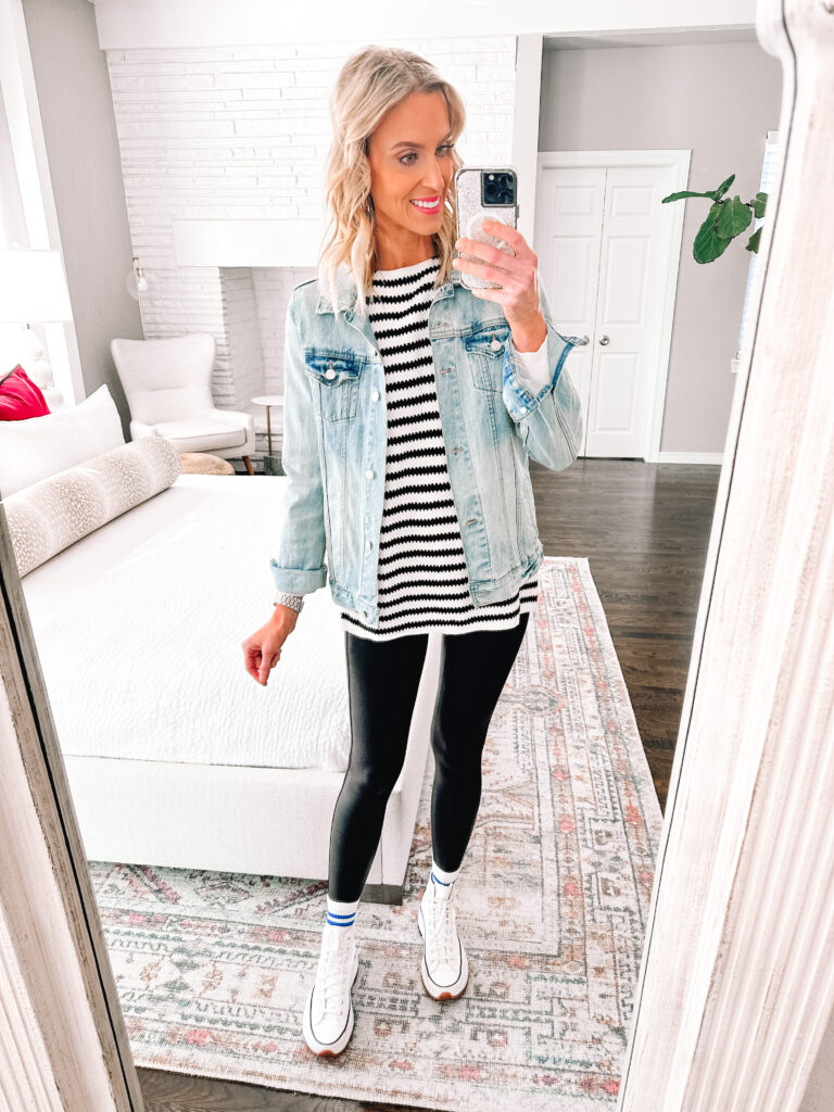 Who doesn't love a legging friendly sweater?! Rounding up my favorite Amazon tunic length sweaters today since it is finally feeling like fall! How cute is this black and white striped with a jean jacket over it. 