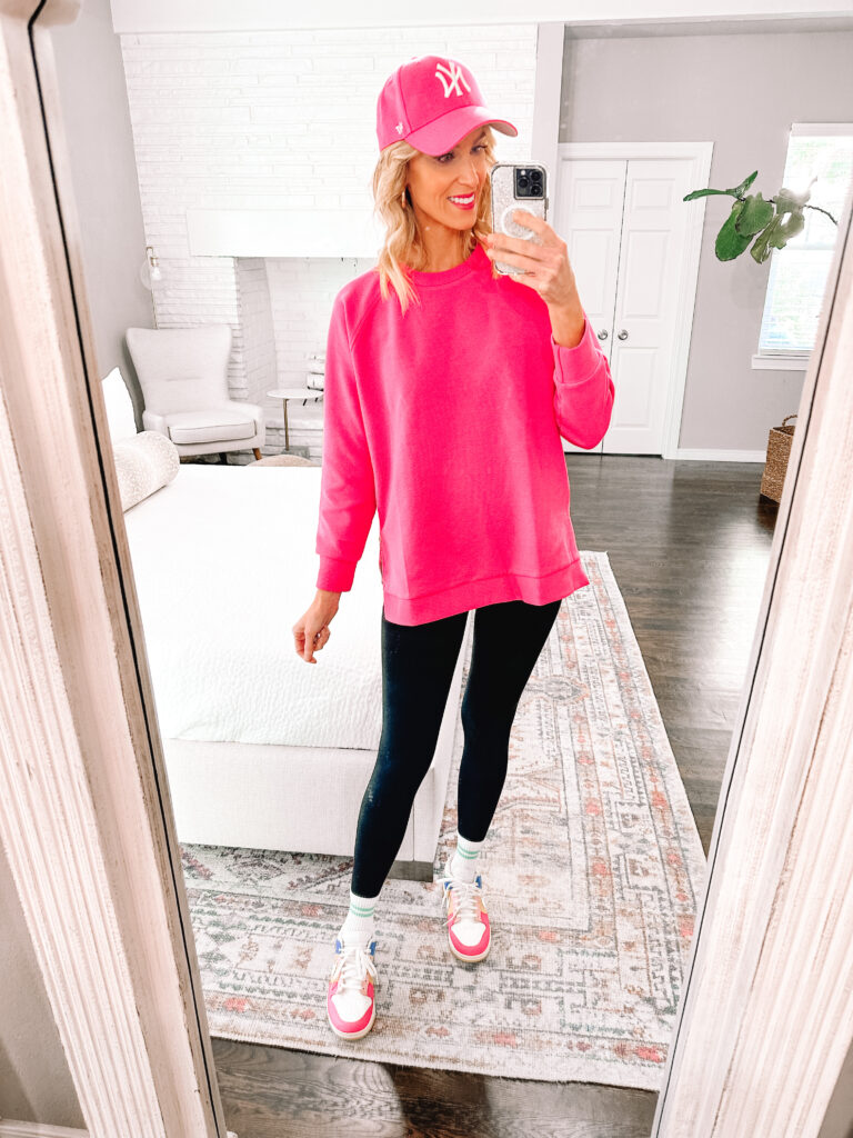 If you are looking for a legging length comfy sweatshirt, then this post is for you! I'm rounding up my favorite Amazon casual legging sweatshirts. You'll love this pink side zip one with my favorite black leggings. 