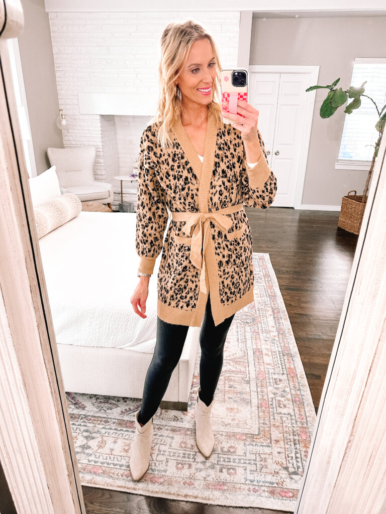 Rounding up some really fun, affordable Thanksgiving outfit ideas. All items are $25 or under and perfect for indulging in all the yummy food! How cute is this long leopard cardigan to wear with leggings?!