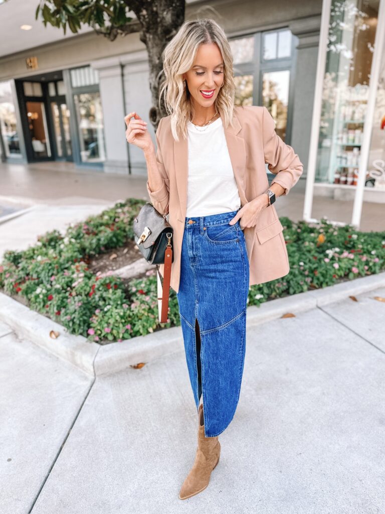 Wondering how to wear a long denim skirt? They are really trending and I'm sharing 4 easy ways to style them from dressy to casual. Try a blazer for a chic look.