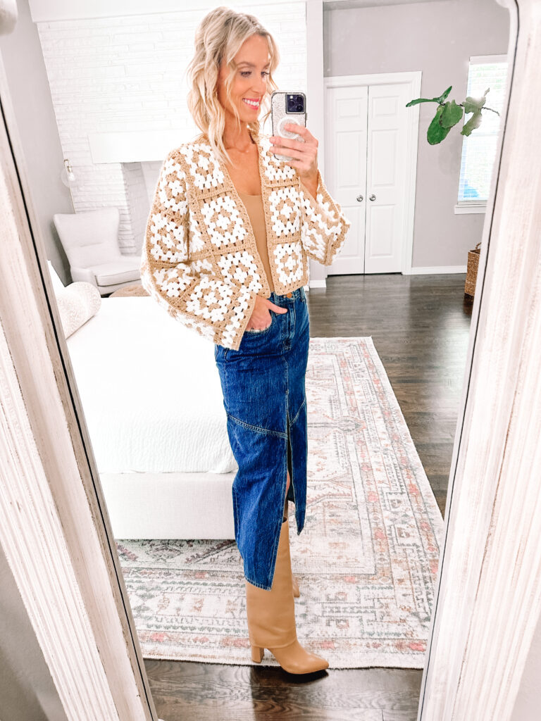 Wondering how to wear a long denim skirt? They are really trending and I'm sharing 4 easy ways to style them from dressy to casual. Opt for a cropped jacket.