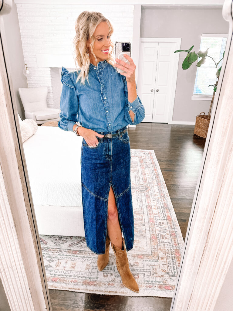 Wondering how to wear a long denim skirt? They are really trending and I'm sharing 4 easy ways to style them from dressy to casual. Try double denim.