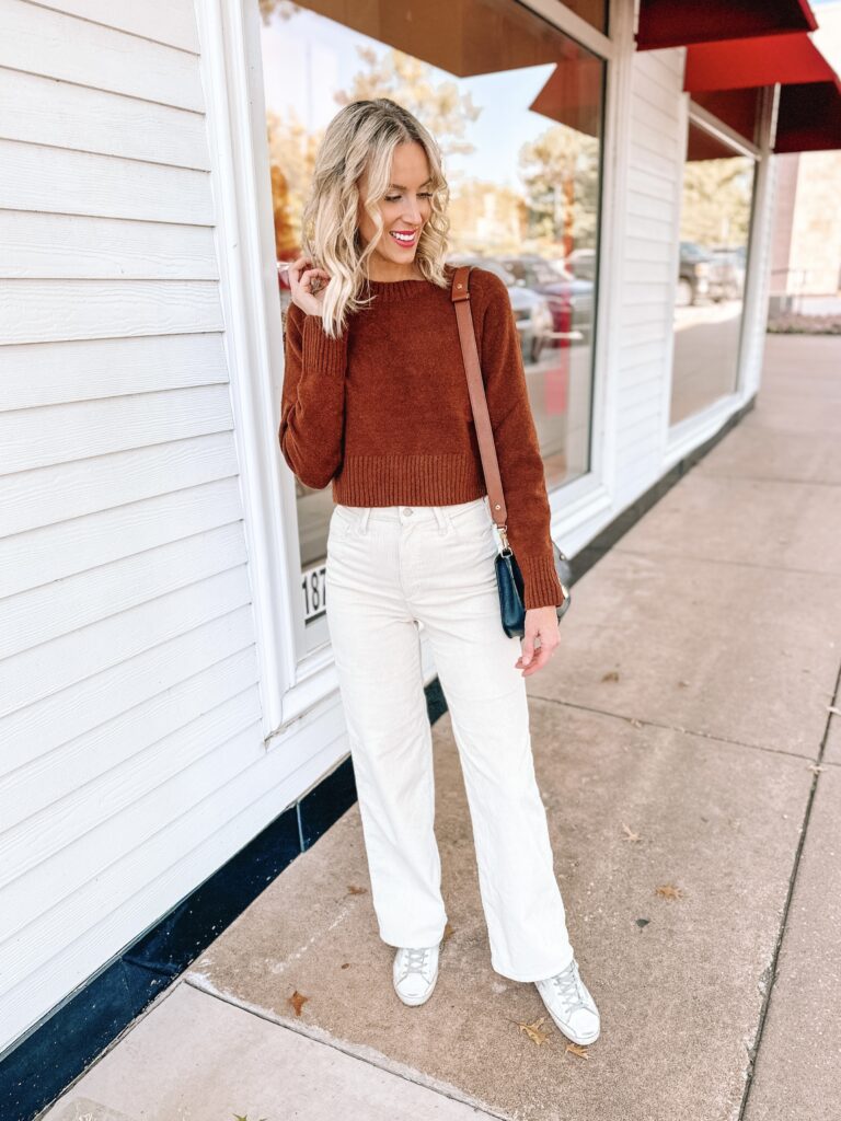 You will love this Target casual fall outfit with a rich chocolate sweater and cream wide leg pant!
