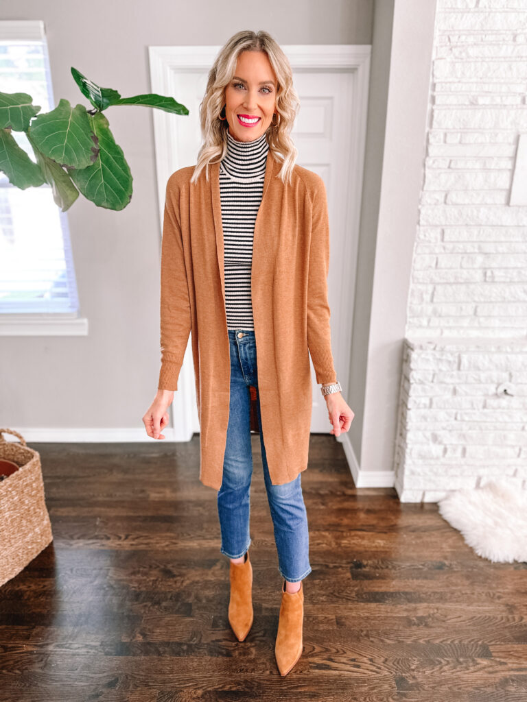 I have a really fun mix and match Target try on haul with affordable pieces for you! You'll see multiple ways to wear each piece. How classic is this striped turtleneck with the camel cardigan. 