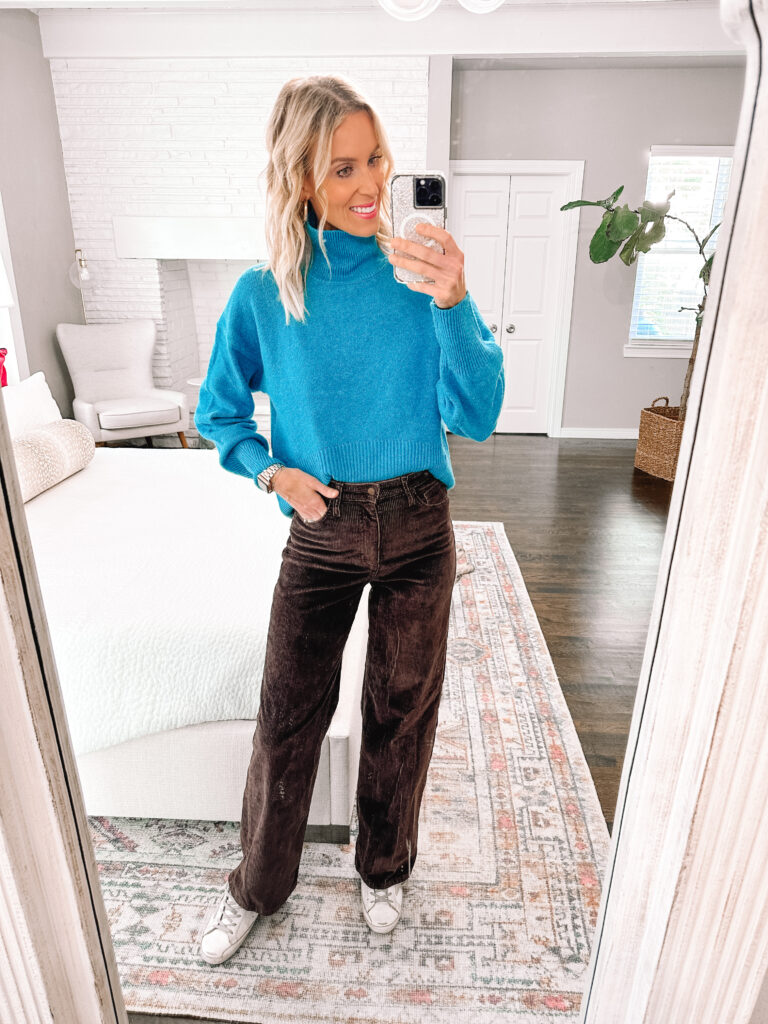 I have a really fun mix and match Target try on haul with affordable pieces for you! I love this bright blue sweater paired with the brown corduroy pants. 