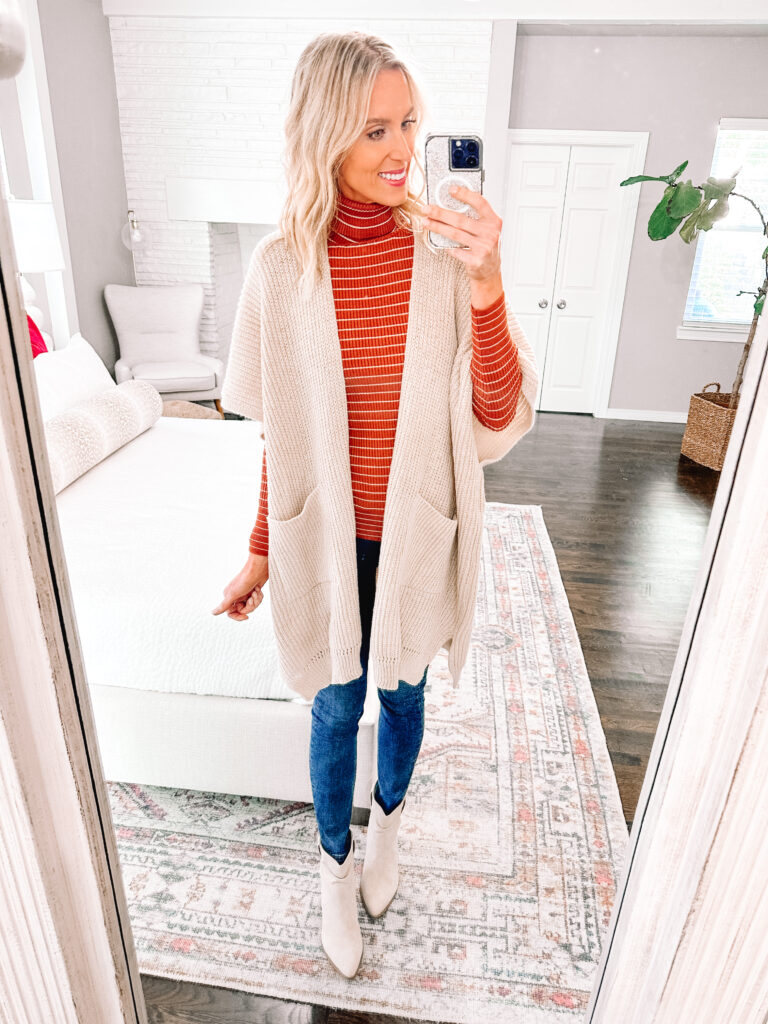 You're going to love this Walmart fall try on haul! SO many classic mix and match pieces all $34 and under! Style this striped turtleneck so many ways like under a sweater cape!