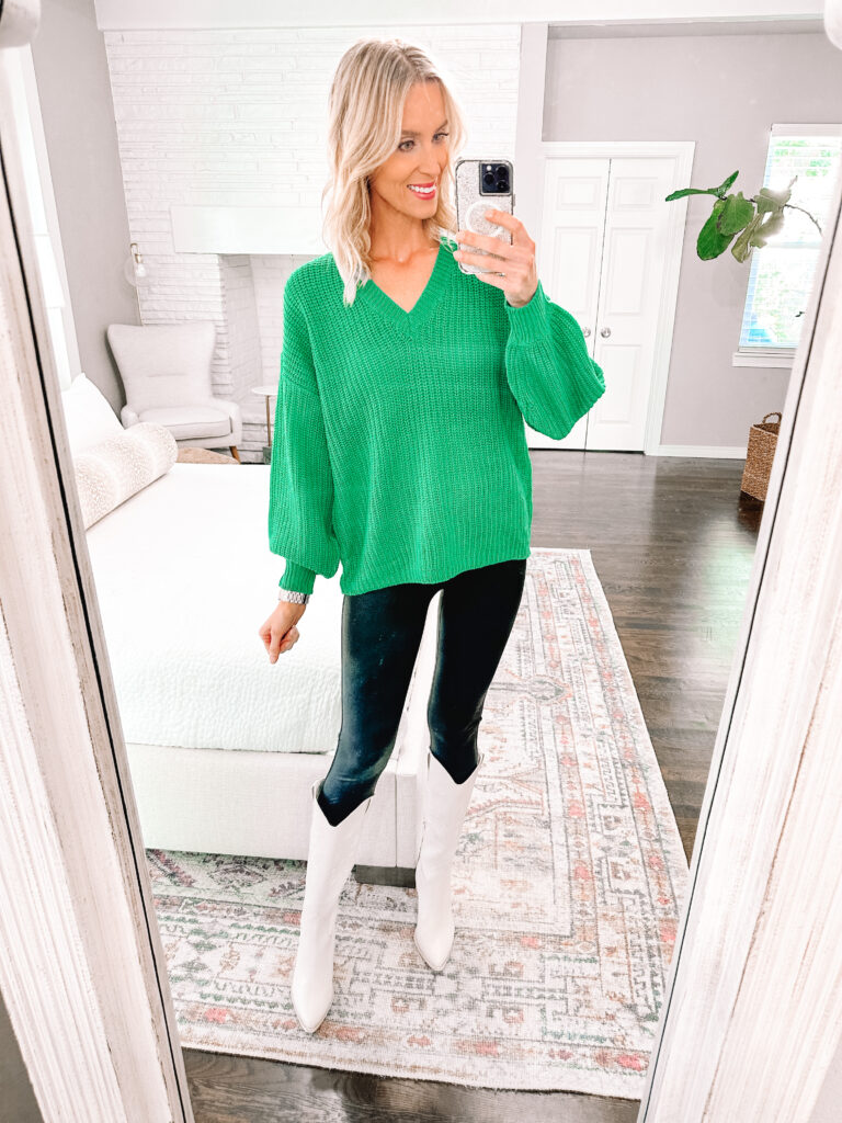 You're going to love this Walmart fall try on haul! SO many classic mix and match pieces all $34 and under! This green sweater is such a good color! Pair it with leather leggings and boots for a cute fall look.