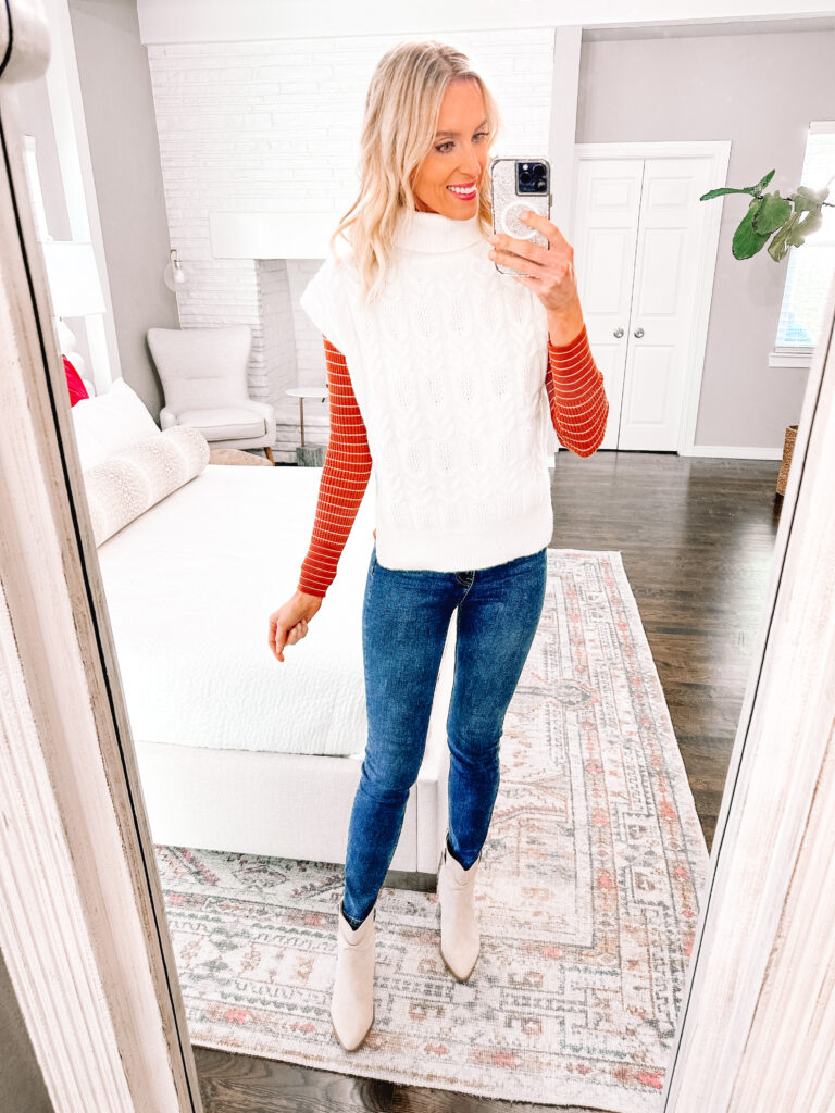 You're going to love this Walmart fall try on haul! SO many classic mix and match pieces all $34 and under! Style this striped turtleneck so many ways like under a sweater vest. 