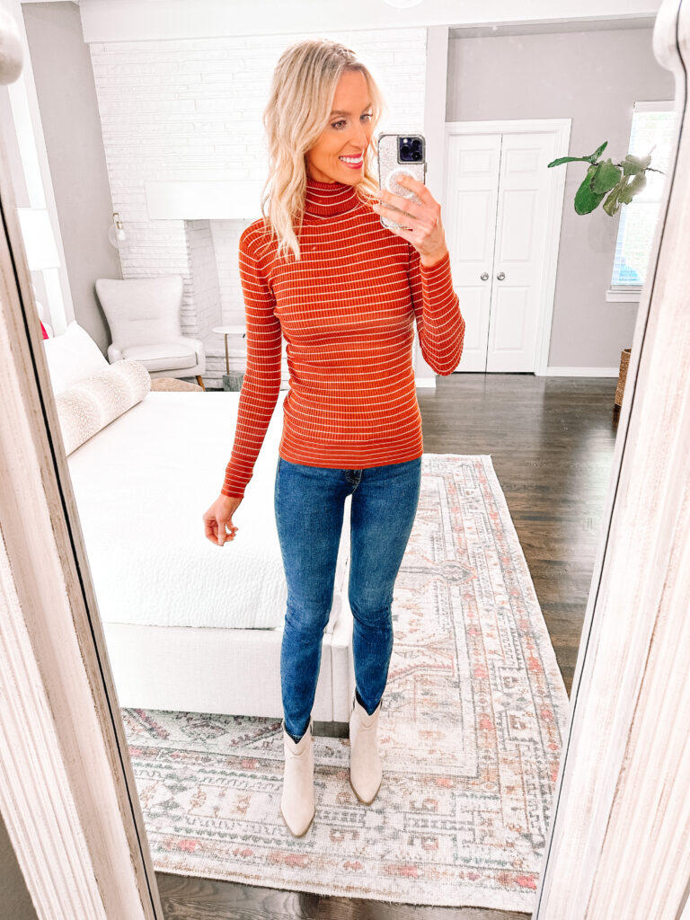 You're going to love this Walmart fall try on haul! SO many classic mix and match pieces all $34 and under! Style this striped turtleneck so many ways!