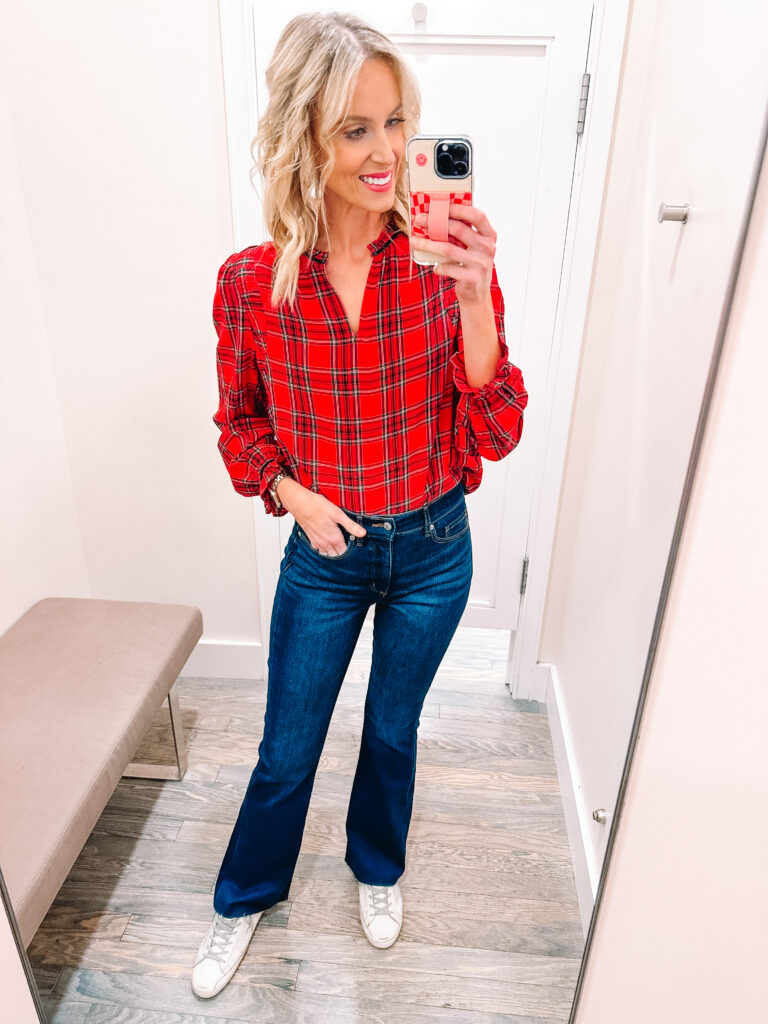 I am sharing a HUGE LOFT holiday outfit idea try on with 13 outfits you can wear for Thanksgiving, Christmas, or NYE! How cute is this red plaid blouse!