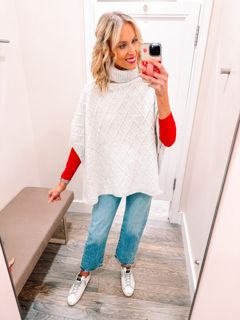 I am sharing a HUGE LOFT holiday outfit idea try on with 13 outfits you can wear for Thanksgiving, Christmas, or NYE! Pair your poncho with jeans for Thanksgiving!