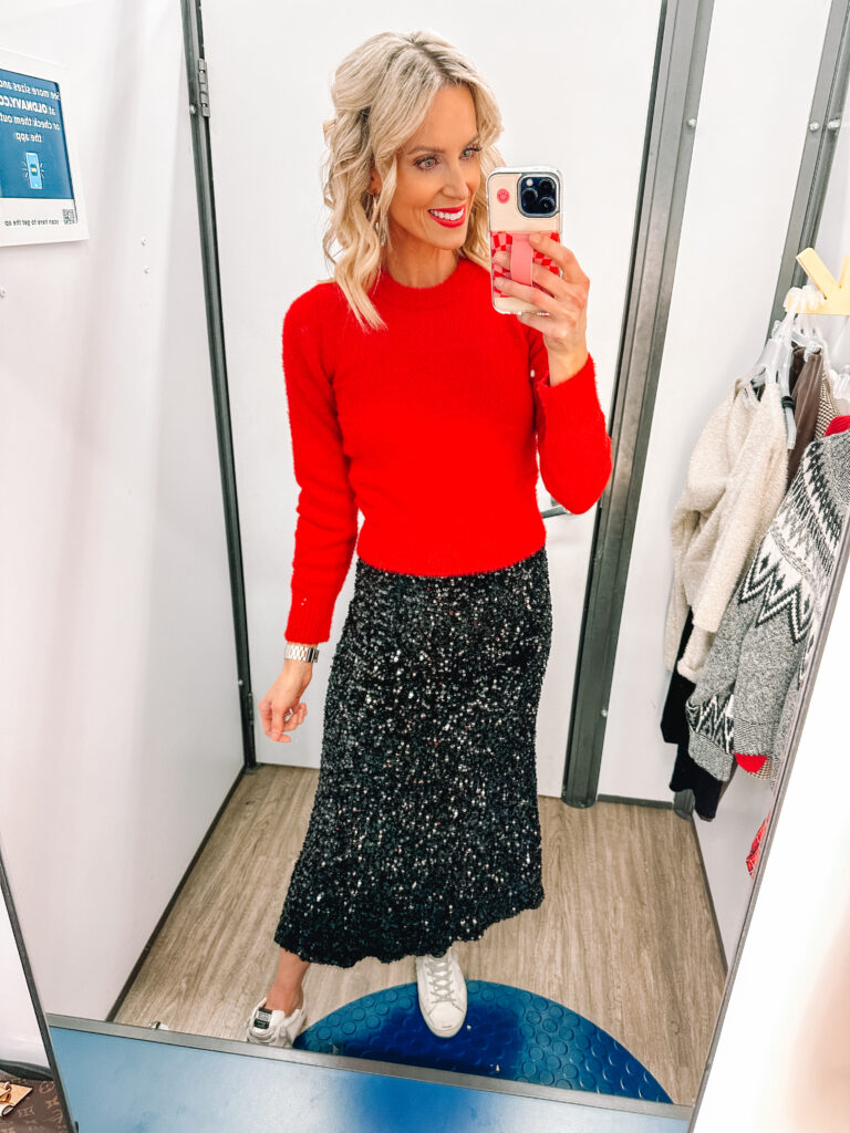 I have a super fun Old Navy try on haul for you all today! Try a red sweater with a sequin skirt for a festive look!