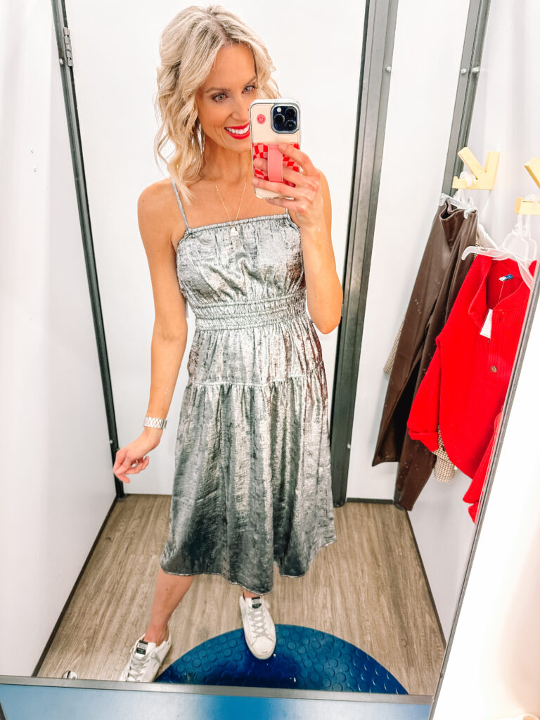 I have a super fun Old Navy try on haul for you all today!  I love this metallic silver dress perfect for Christmas or NYE!