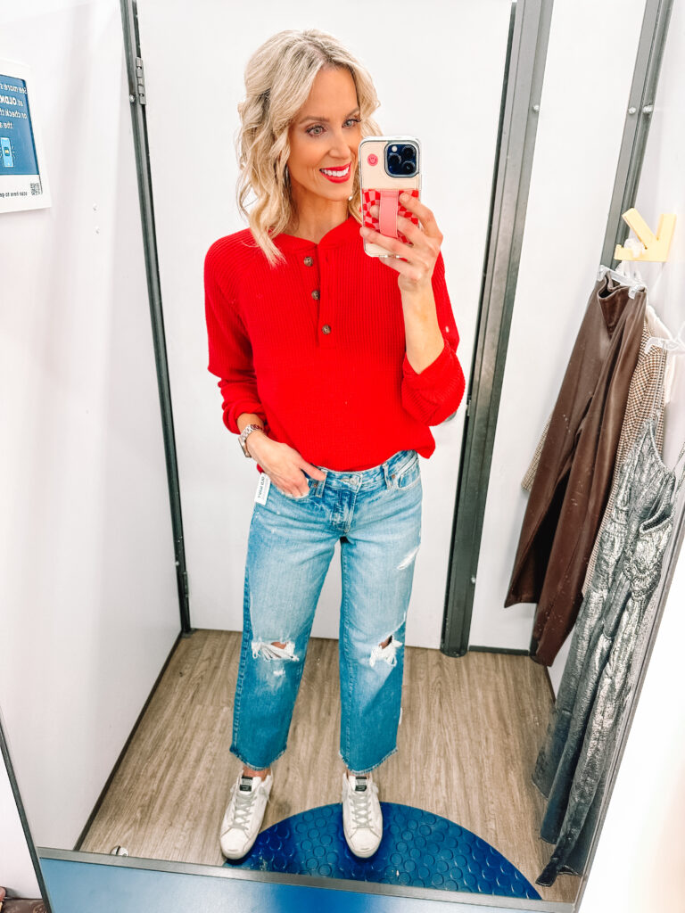 This red henley is so cute with a straight leg jean. 