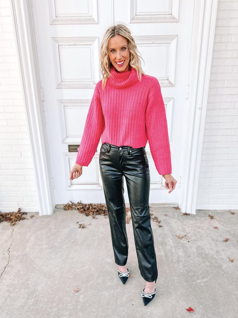 You will love this Target leather pants outfit! These $26 black leather pants are amazing quality and so flattering! I paired them with a pink sweater and holiday heel. 