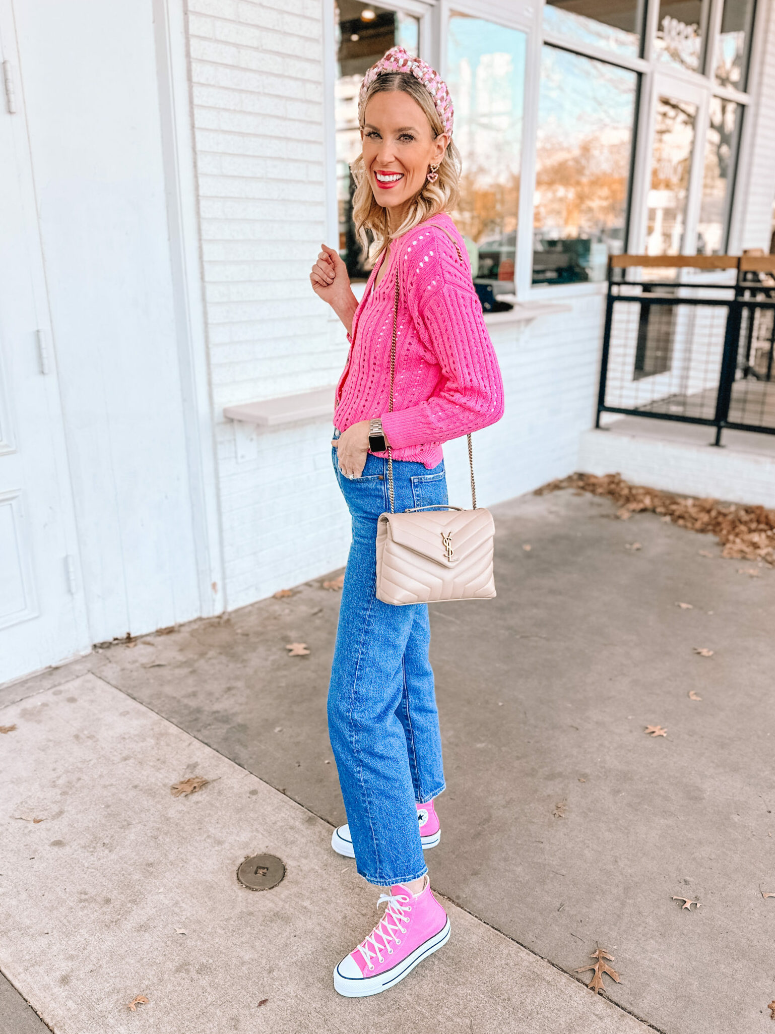 How adorable is this $17 Walmart cardigan?! The bright pink is so fun and perfect to pair with other fun accessories for a Valentine's Day vibe!