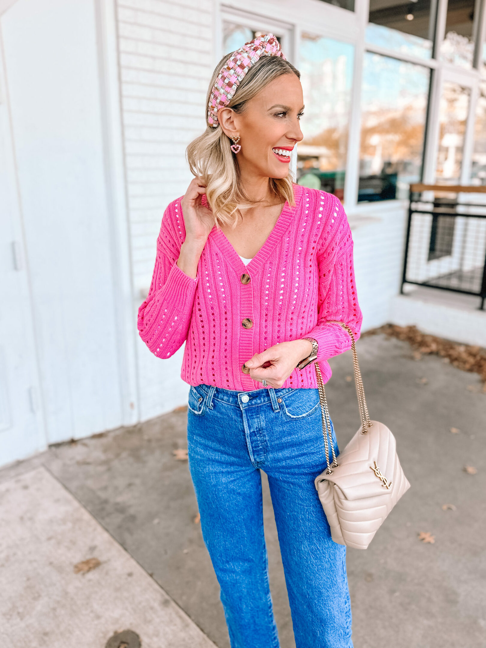 How adorable is this $17 Walmart cardigan?! The bright pink is so fun and perfect to pair with other fun accessories for a Valentine's Day vibe!