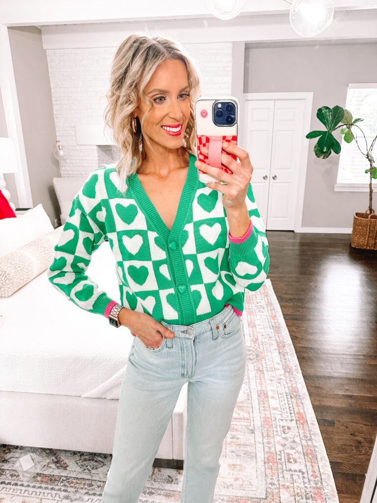 I am loving these green and white geometric heart cardigan sweater!