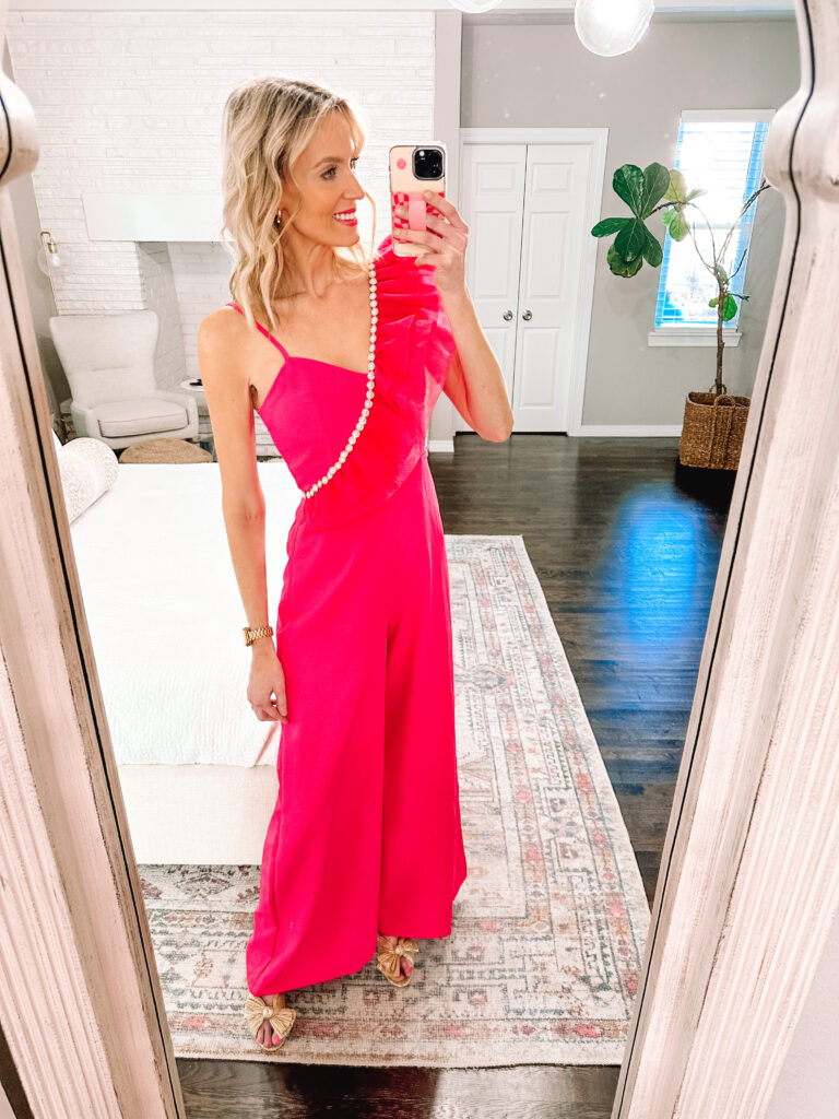 I'm sharing a fun Red Dress try on which includes this amazing ruffle sleeve wide leg jumpsuit. 