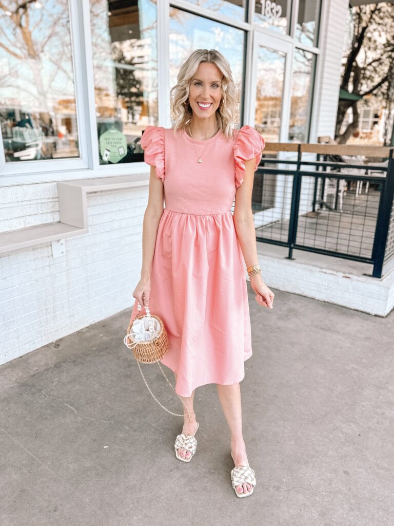 I'm sharing a fun Red Dress try on which includes this fun peach colored dress with the ruffle sleeves. Dress it up or down this spring!