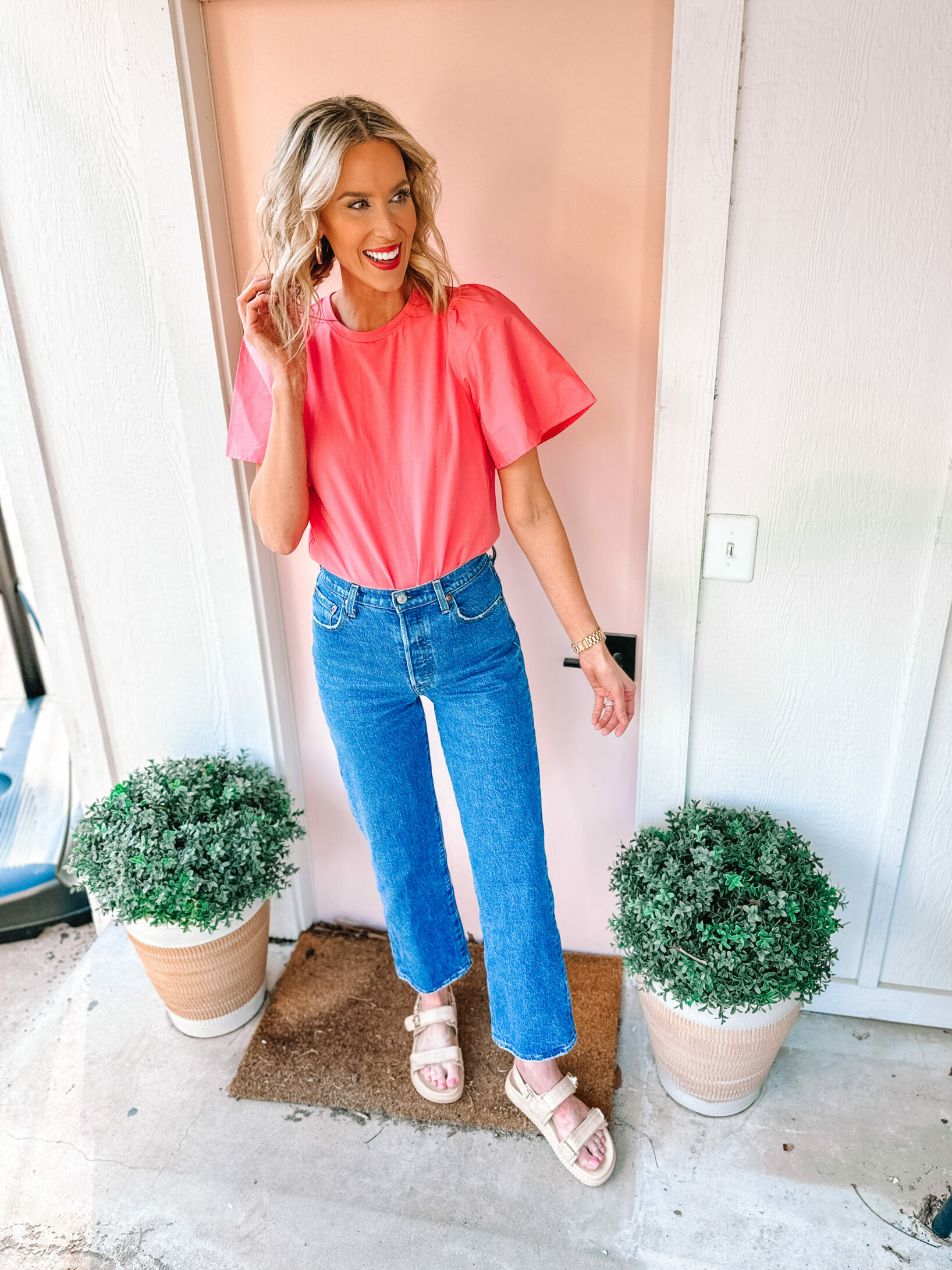 You'll love this easy spring Target outfit idea with the cutest $15 puff sleeve top and $20 sandals!
