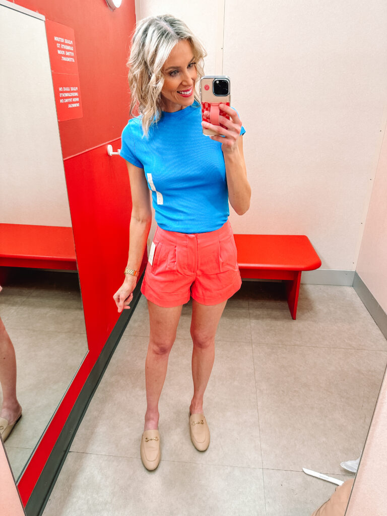 I am SO excited to share this HUGE spring Target try on haul. I am talking 13 affordable outfits with mix and match pieces to keep you stylish all season! I love the bright color of these shorts. 