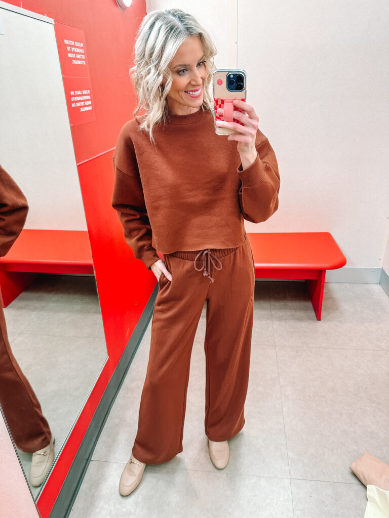 I am SO excited to share this HUGE spring Target try on haul. I am talking 13 affordable outfits with mix and match pieces to keep you stylish all season! I love this chocolate brown sweat set!