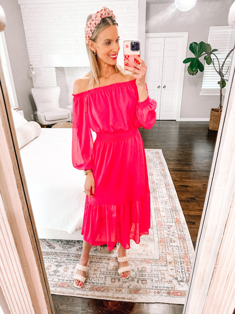 I'm sharing a fun, new Walmart try on haul with pieces all $34 and under. Dress, blouses, and athletic wear. You will love it! This pink off the shoulder dress is so great. 