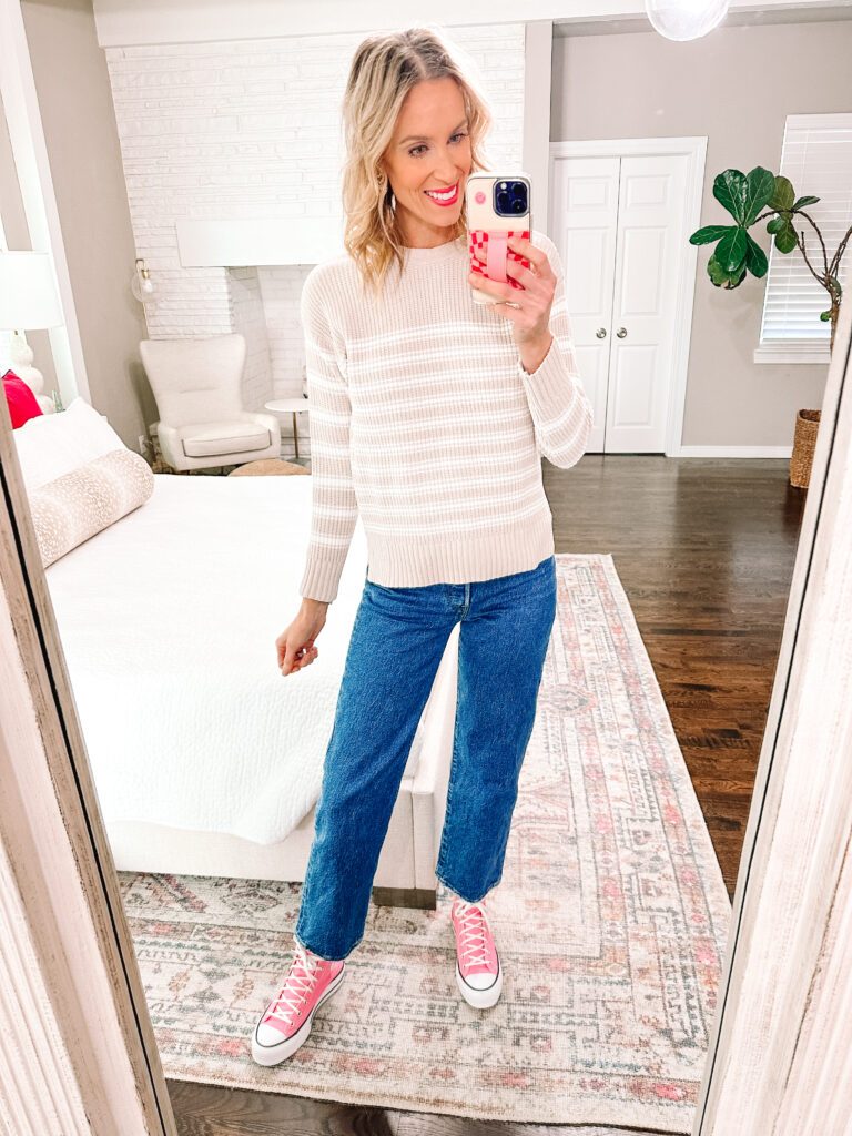 Today I have several tops $17 or under to share with you today! These are all super great for now and can easily transition as the weather warms up too! This neutral striped sweater is sure to be a wardrobe staple. 