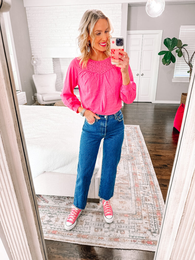 Today I have several tops $17 or under to share with you today! These are all super great for now and can easily transition as the weather warms up too! How cute is this eyelet pink top?!